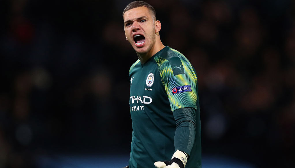 MANCHESTER, ENGLAND - OCTOBER 01: Ederson of Manchester City celebrates following his team's second goal scored by Phil Foden of Manchester City during the UEFA Champions League group C match between Manchester City and Dinamo Zagreb at Etihad Stadium on October 01, 2019 in Manchester, United Kingdom. (Photo by Clive Brunskill/Getty Images)