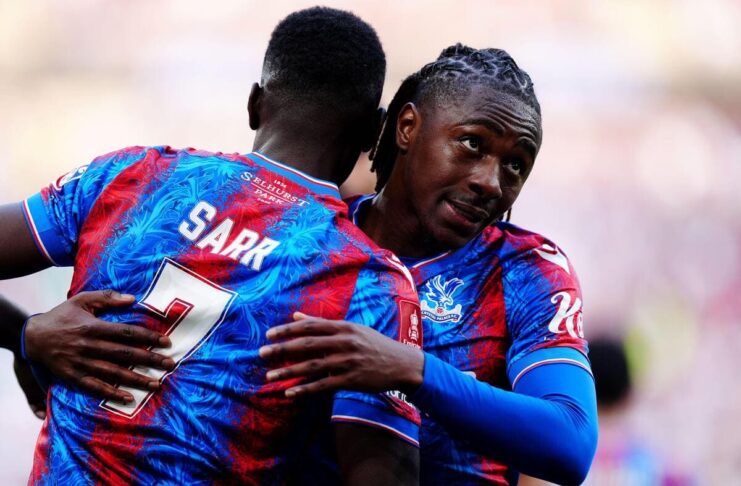 Eberechi Eze and Ismaila Sarr celebrate a Crystal Palace goal